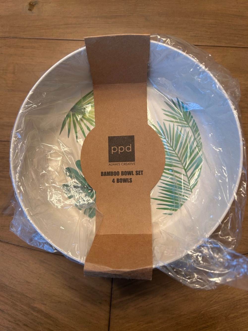 Bamboo Bowl Set - White with Green Palm Print (4 Bowls)